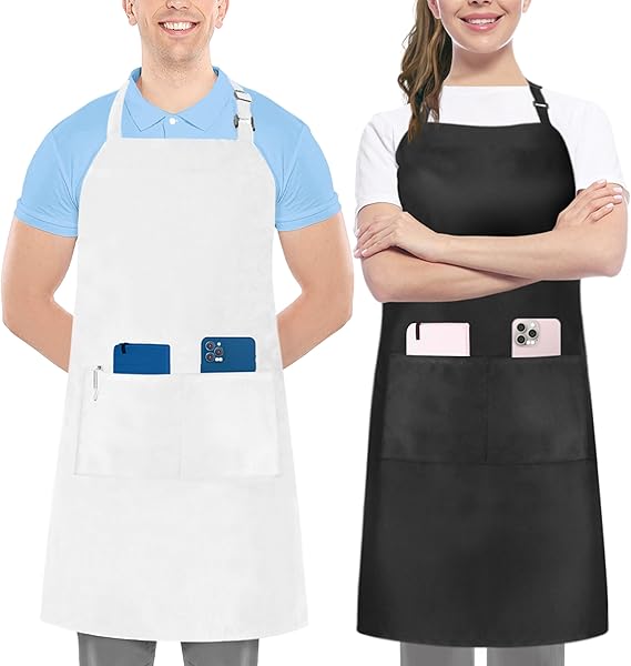 Utopia Kitchen 2 Pack Bib Apron, Adjustable with 2 Pockets, Water and Oil Resistant, Cooking Kitchen Chef Apron for Women Men Quick Pick Grocers