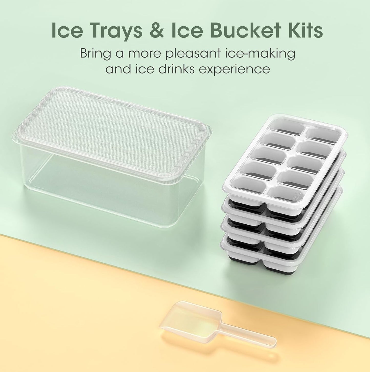 DOQAUS Ice Cube Tray with Lid and Bin - 4 Pack Silicone Ice Cube Trays for Freezer, Stackable Ice Bucket Kits with Storage Container & Scoop for Kitchen, RV, Cocktail, Coffee Quick Pick Grocers