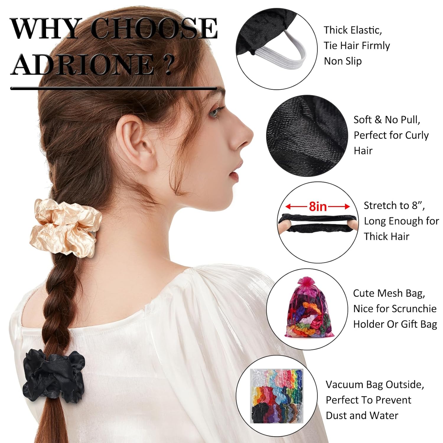 ADRIONE Satin Scrunchies for Women & Girls - 60 Pack Silk Scrunchies for Curly Hair Quick Pick Grocers