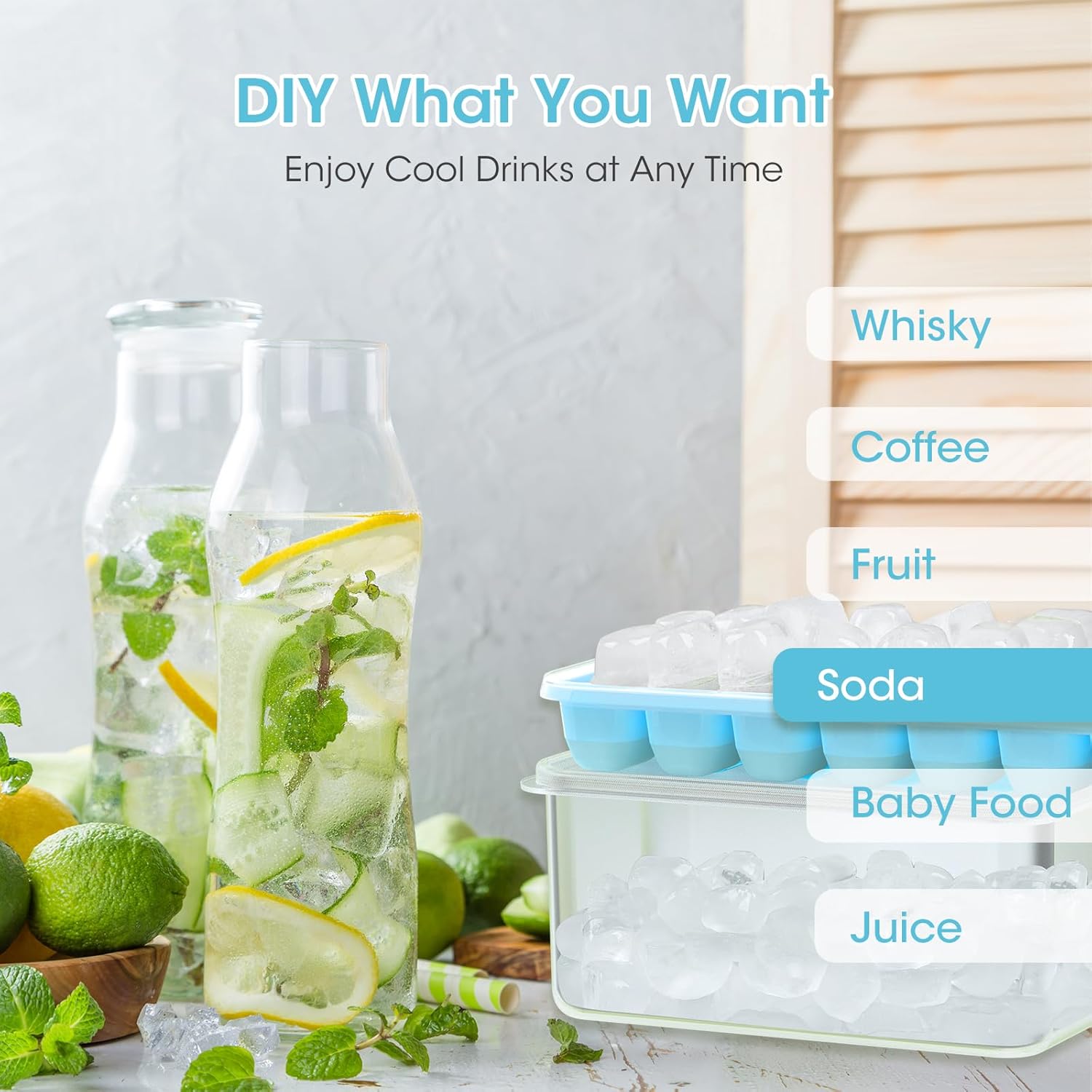 DOQAUS Ice Cube Tray with Lid and Bin - 4 Pack Silicone Ice Cube Trays for Freezer, Stackable Ice Bucket Kits with Storage Container & Scoop for Kitchen, RV, Cocktail, Coffee Quick Pick Grocers