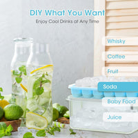 DOQAUS Ice Cube Tray with Lid and Bin - 4 Pack Silicone Ice Cube Trays for Freezer, Stackable Ice Bucket Kits with Storage Container & Scoop for Kitchen, RV, Cocktail, Coffee Quick Pick Grocers