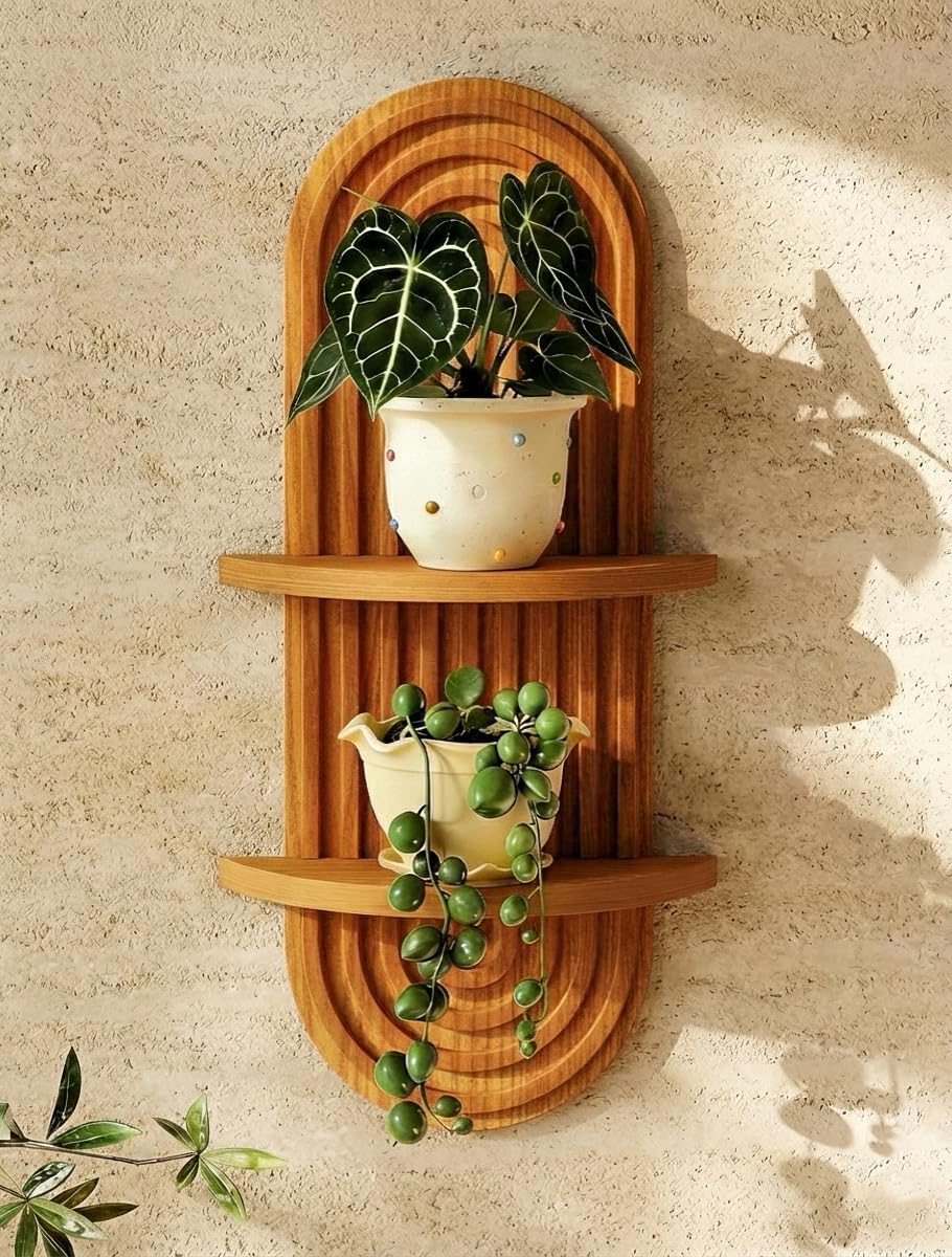 Bamworld Boho Wall Decor Plant Wall Shelf Mid Century Modern Decor Hanging Plant Shelf 2-Tier Wooden Floating Shelves for Home Bathroom Bedroom Living Room Office Holding Planter Decoration Quick Pick Grocers