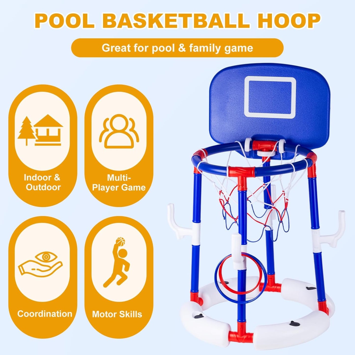 2-in-1 Poor Toy Basketball & Ring Toss Game with 4 Balls, 6 Rings&Pump, Summer Pool Toys Outdoor Water Fun Family Party for Age 3-12 Quick Pick Grocers