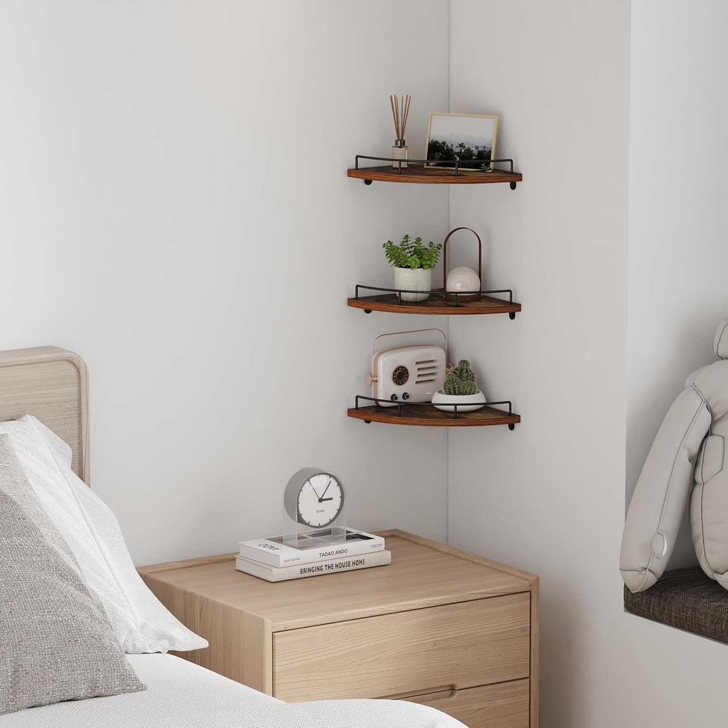 HORLIMER Floating Corner Shelf Wall Mount, Rustic Wood Corner Wall Shelves with Fence for Bedroom, Living Room, Bathroom, Kitchen Quick Pick Grocers