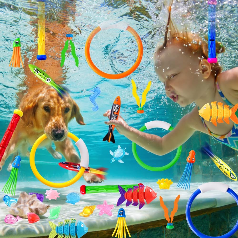 YUJUN Pool Diving Swimming Toys, Summer Underwater Game Toys with Pool Fishes Dive Sticks Rings Gems Storage Bag for Kids Swim Birthday Party Favors Quick Pick Grocers
