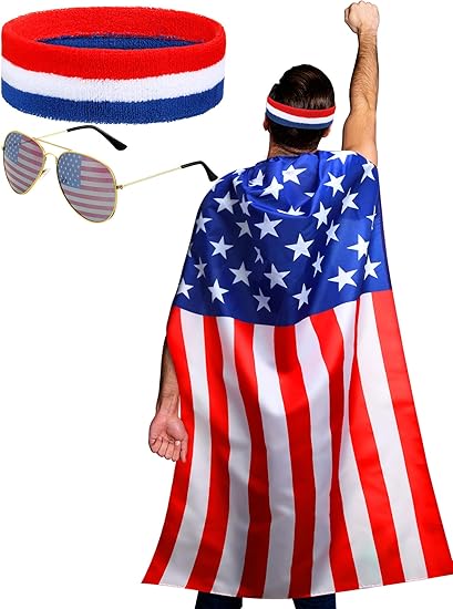 Frienda American Flag Costume Cape, 4th of July 250th Retro 80's USA Sunglasses and Flag Headband for 250th Anniversary Quick Pick Grocers
