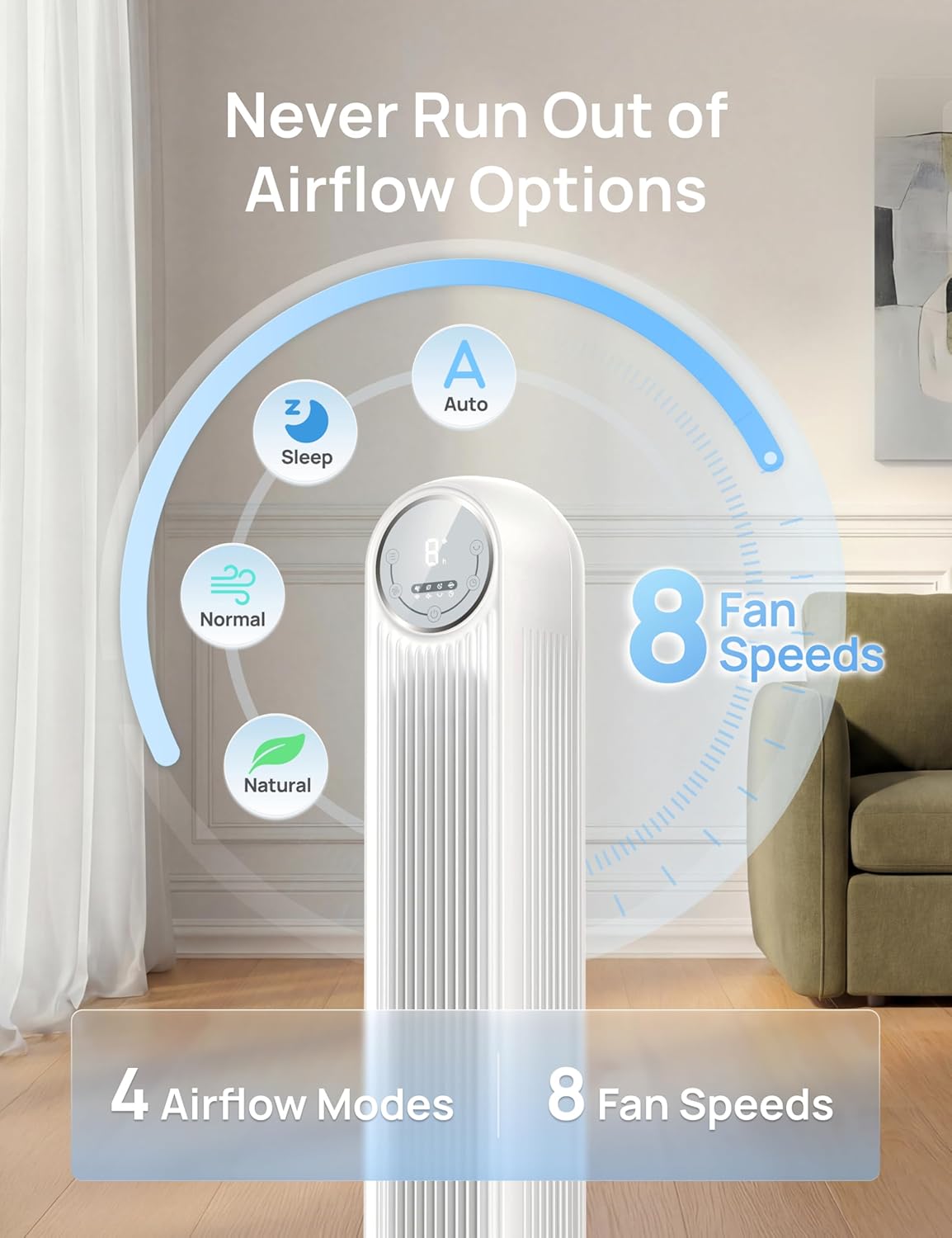 DREO Tower Fan for Bedroom, 2026 Upgraded DC Motor, 28ft/s High Velocity, 20dB Ultra Quiet Standing Fan, 8 Speeds 4 Modes, 90° Oscillating Bladeless Fan for Indoors, Floor Fans with Remote Quick Pick Grocers