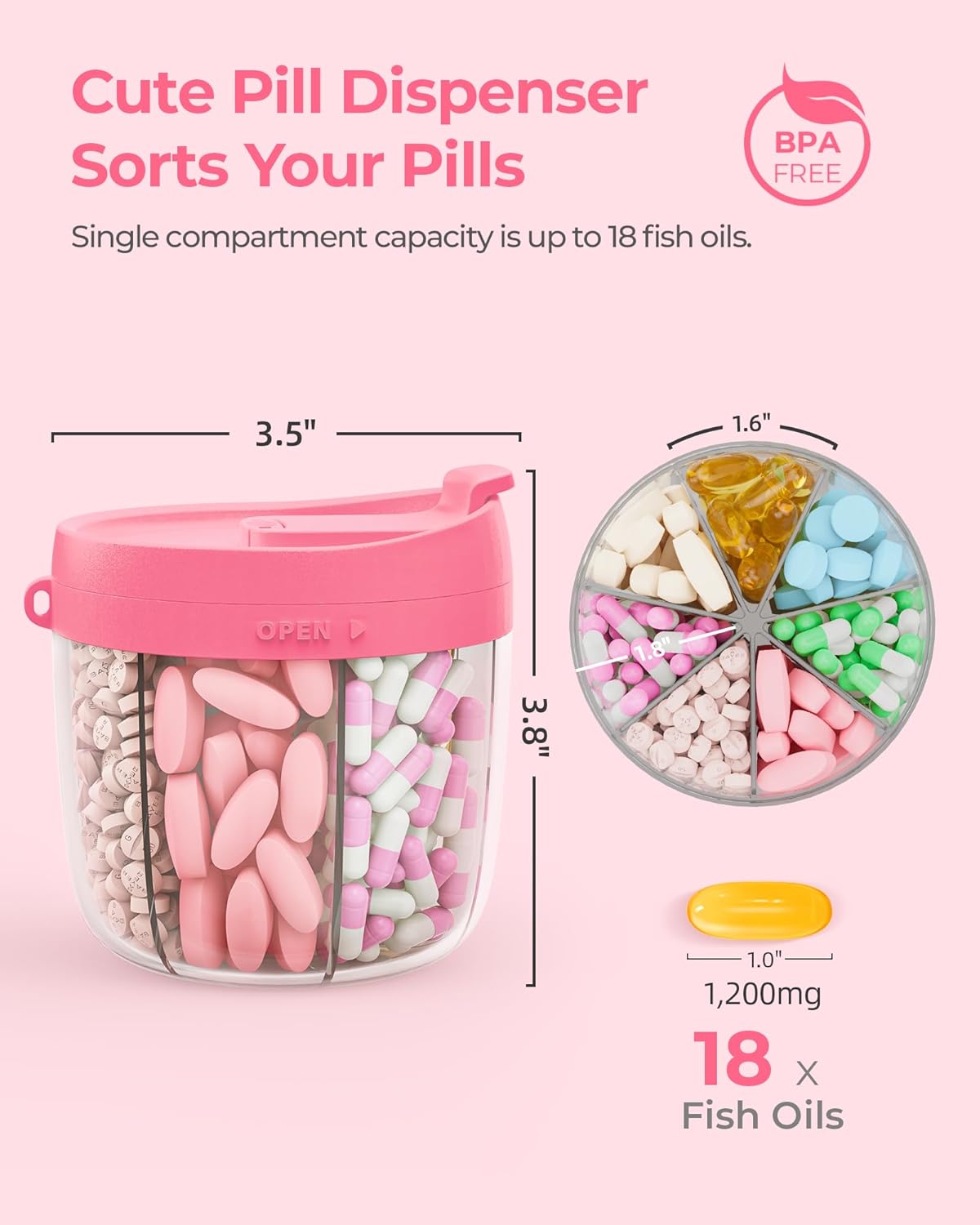 AMOOS Cute Pill Dispenser with 7 Large Compartments, Portable Pill Bottle Organizer with Wide Opening for Easy Use, Anti-Mix Pill Organizer for Travel, BPA-Free Pill Container Quick Pick Grocers