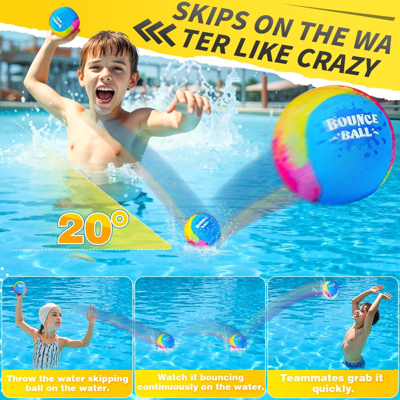 Bambilo Water Skipping Ball | 2-Pack Bounce Balls | Water Bouncing Beach Balls & Grip Ball | Pool Toys for Kids Age 5-8-12 | Great Summer Water Toy for Beach Swimming Pool River Lake Quick Pick Grocers