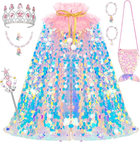 Meland Princess Dress Up for Girls 3-8, Mermaid Cape with Crown, Dress Up Clothes Birthday Gift Toys for Girls Toddlers Quick Pick Grocers