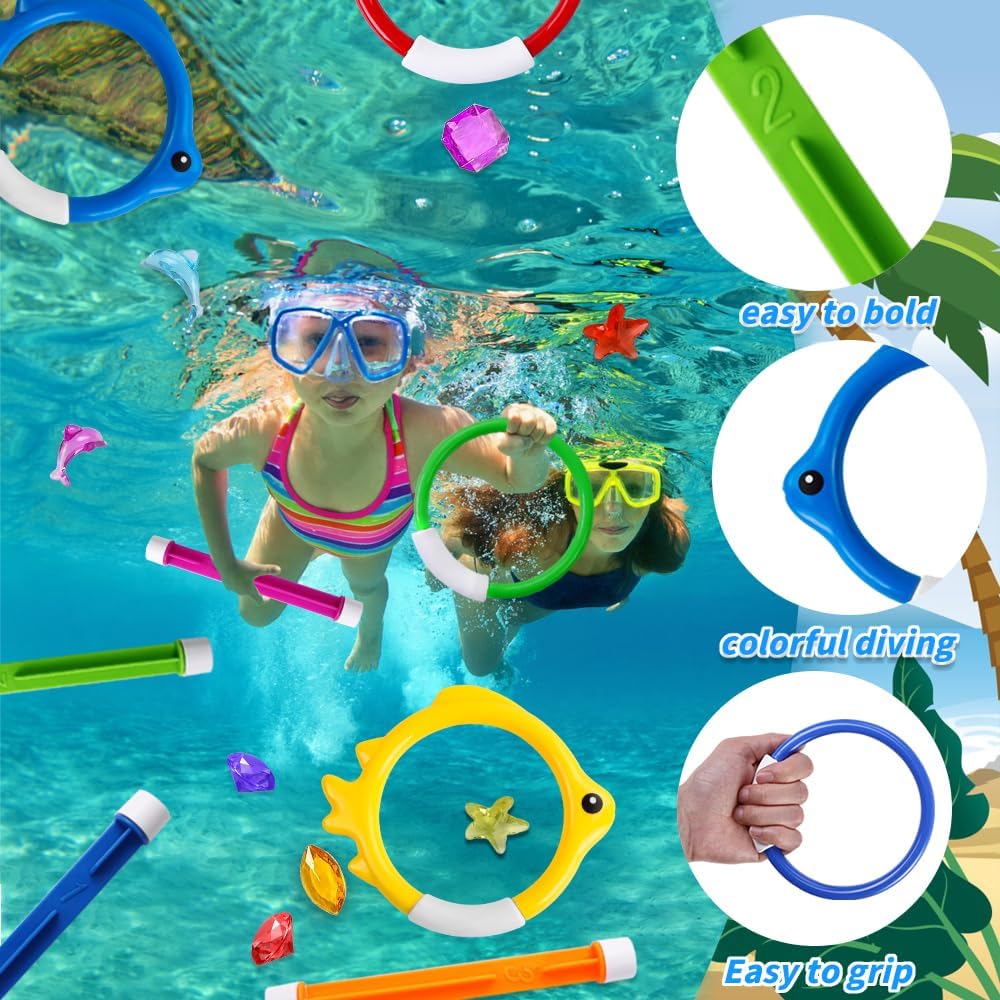 YUJUN Pool Diving Swimming Toys, Summer Underwater Game Toys with Pool Fishes Dive Sticks Rings Gems Storage Bag for Kids Swim Birthday Party Favors Quick Pick Grocers