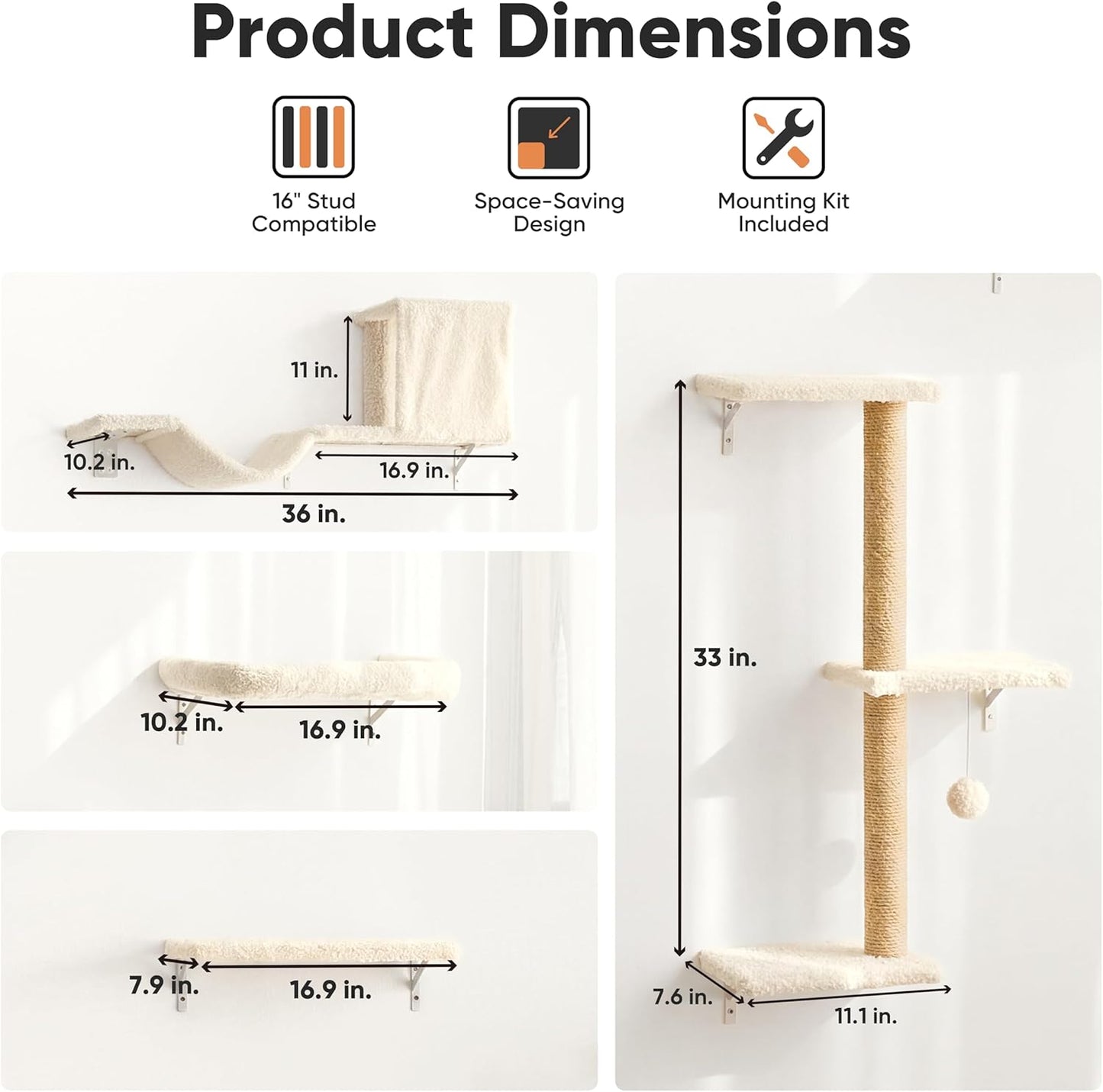FUKUMARU Cat Wall Shelves, Stable & Safe 4 in 1 Cat Walls Furniture Set, Wooden Kitten Climbing Wall with Scratching Post for 16 Inch Drywall Quick Pick Grocers