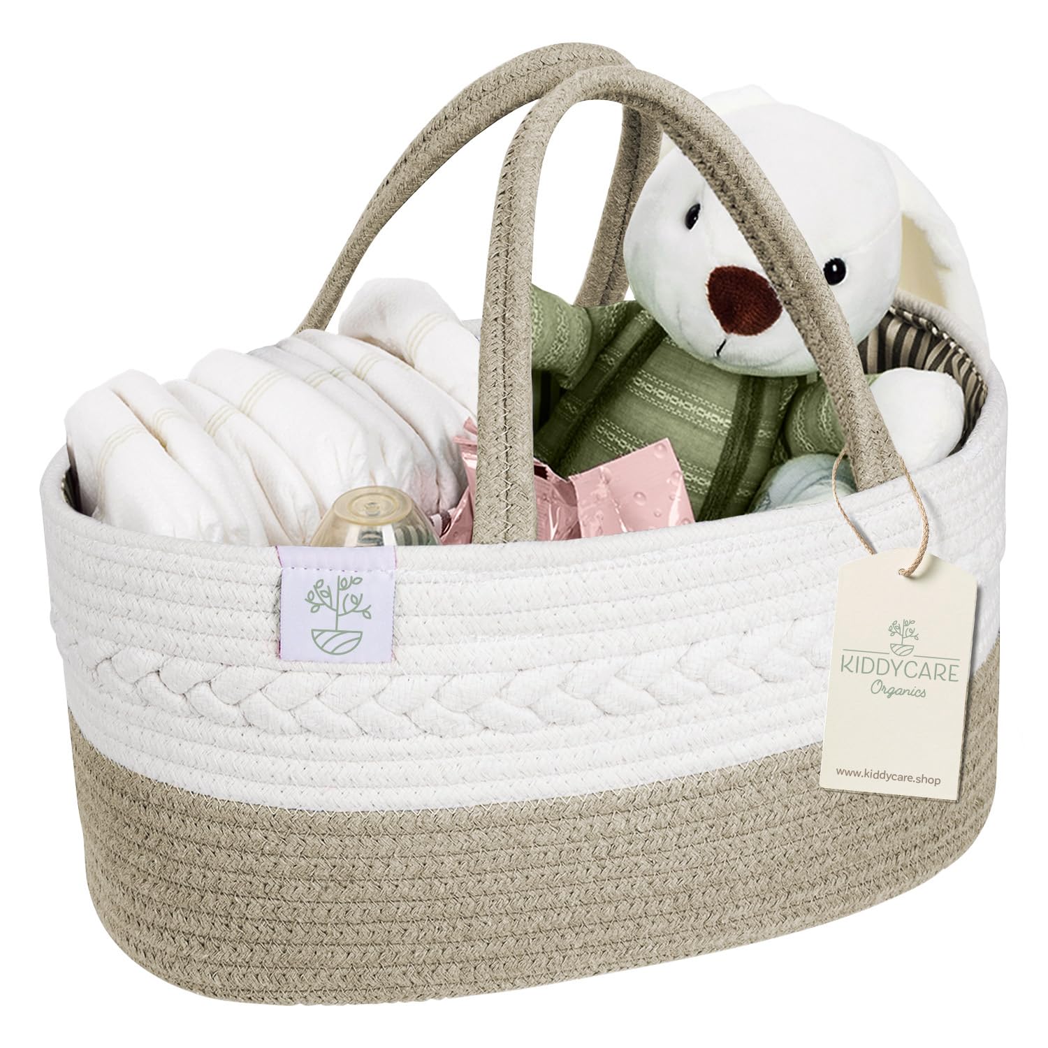 KiddyCare Baby Diaper Caddy Organizer, Cotton Nursery Baby Gift Basket with Handle Lid Baby Caddy Organizer, Portable Baby Basket Diapers & Wipes, Basket for Moms Quick Pick Grocers