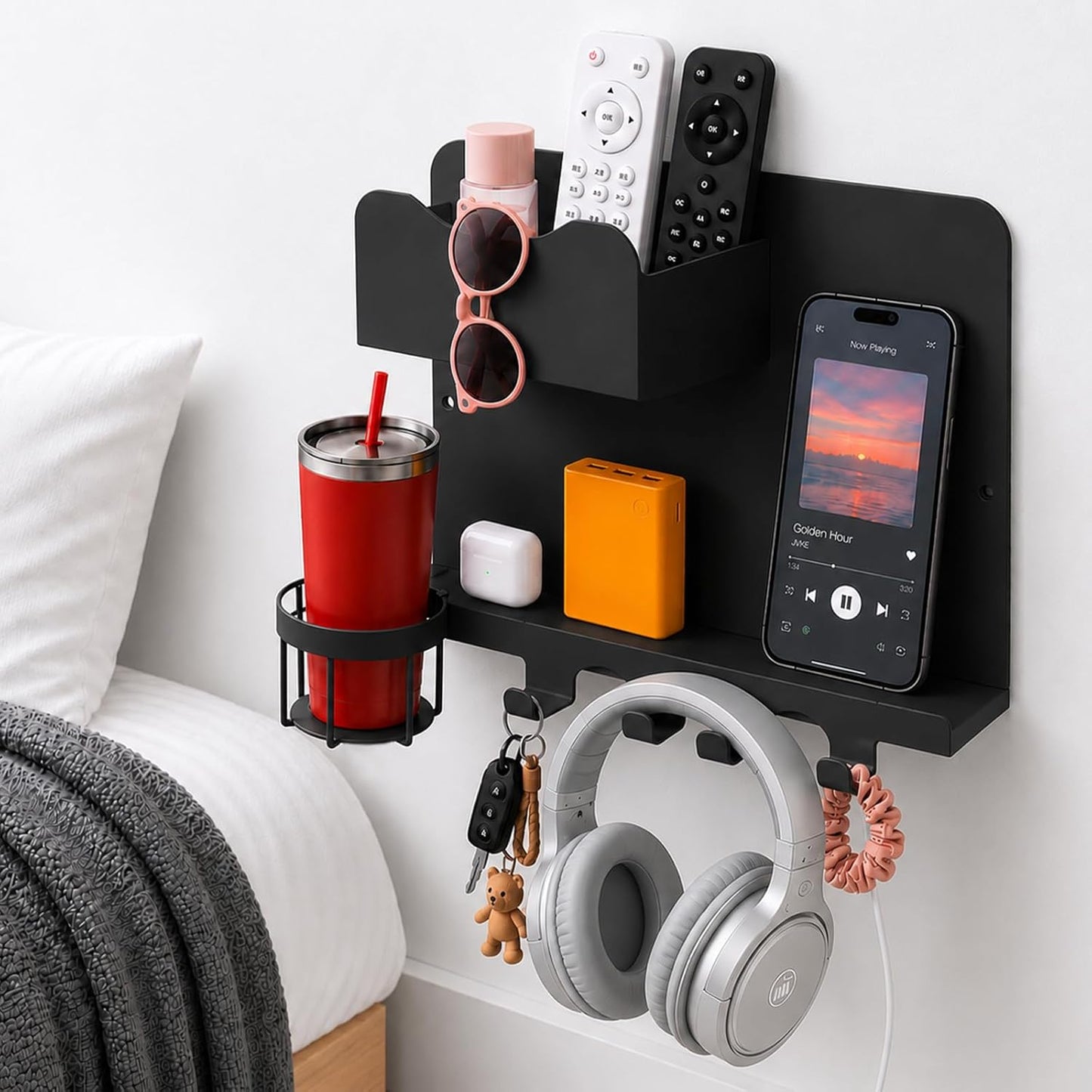Metal Bedside Wall Shelf, No Drill Floating Bedside Shelf Wall Organizer | Bedside Wall Shelf with Detachable Cup Holder for Bedroom, Dorm, Nightstand Alternative, Bunk Bed Accessories & RV Storage Quick Pick Grocers