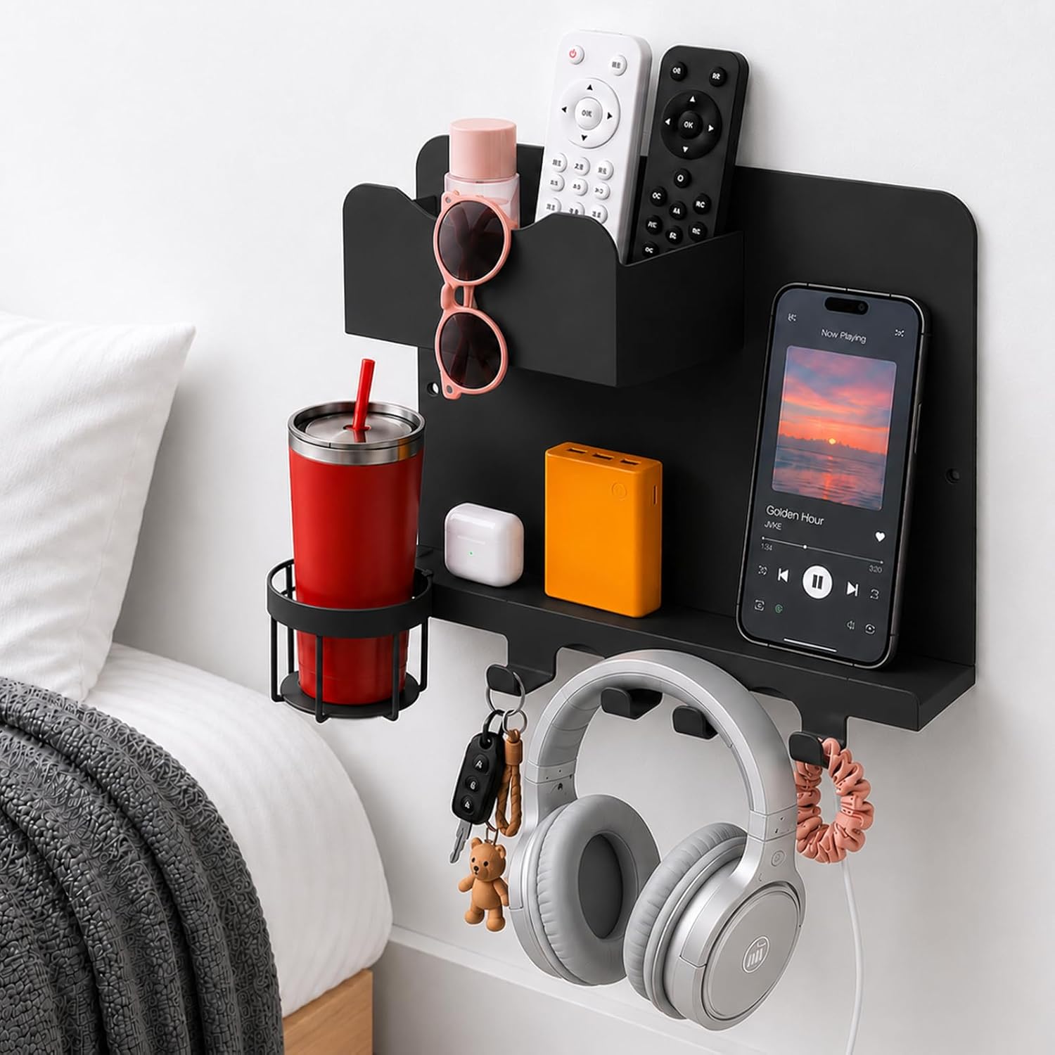 Metal Bedside Wall Shelf, No Drill Floating Bedside Shelf Wall Organizer | Bedside Wall Shelf with Detachable Cup Holder for Bedroom, Dorm, Nightstand Alternative, Bunk Bed Accessories & RV Storage Quick Pick Grocers
