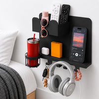 Metal Bedside Wall Shelf, No Drill Floating Bedside Shelf Wall Organizer | Bedside Wall Shelf with Detachable Cup Holder for Bedroom, Dorm, Nightstand Alternative, Bunk Bed Accessories & RV Storage Quick Pick Grocers