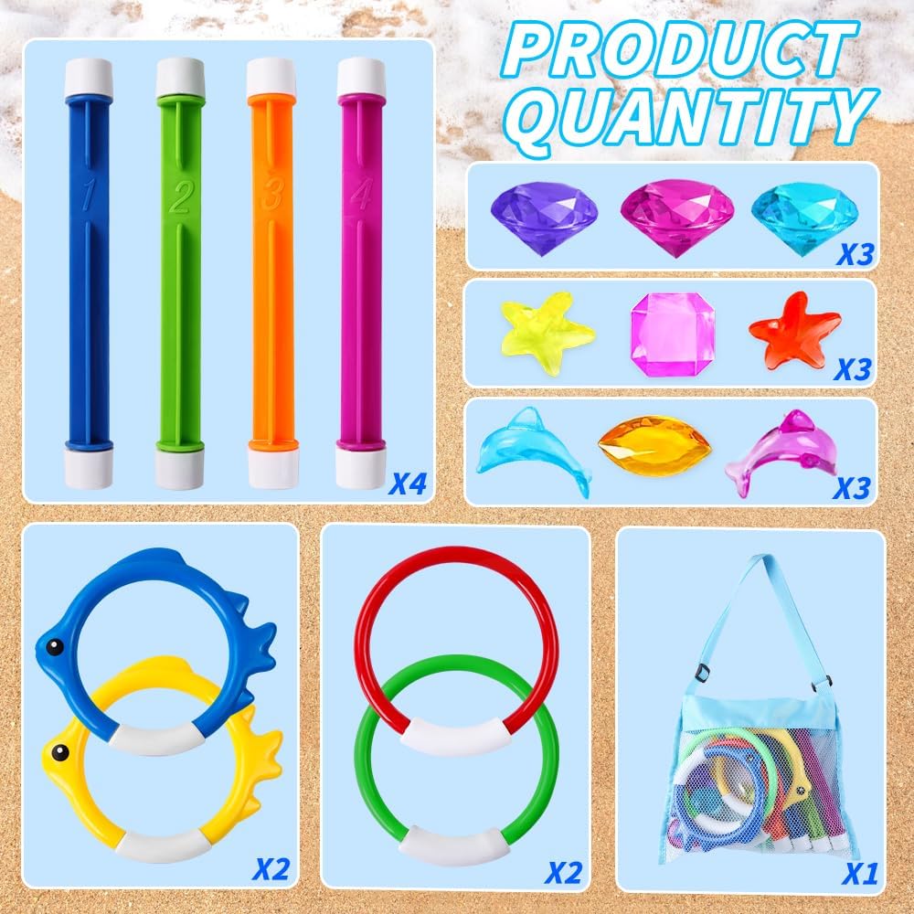 YUJUN Pool Diving Swimming Toys, Summer Underwater Game Toys with Pool Fishes Dive Sticks Rings Gems Storage Bag for Kids Swim Birthday Party Favors Quick Pick Grocers