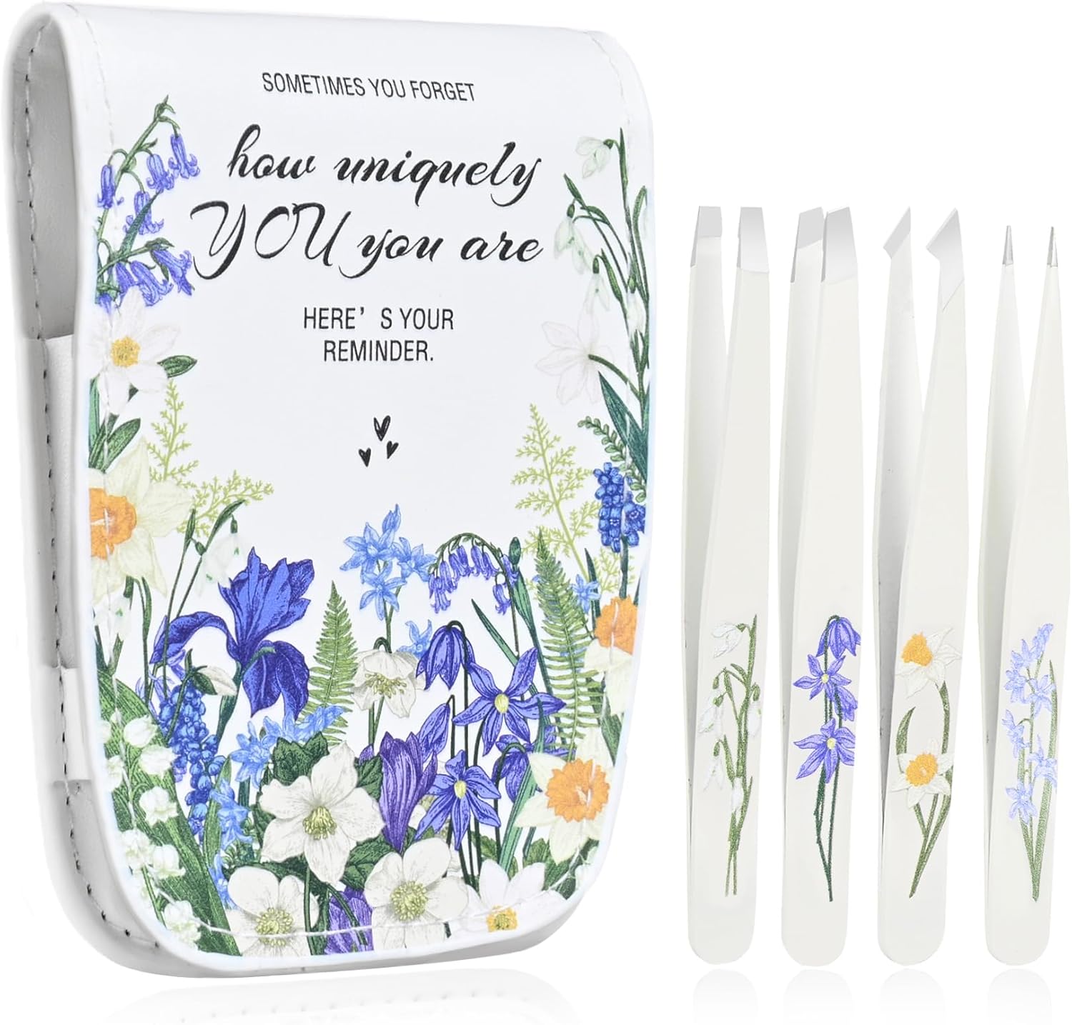 Personalized Tweezers Set for Women Facial Hair in Floral Travel Case, Small Self Care Inspirational Easter Gifts for Her Friend, Eyebrow Ingrown Hair Splinter Removal Grooming Kit Quick Pick Grocers