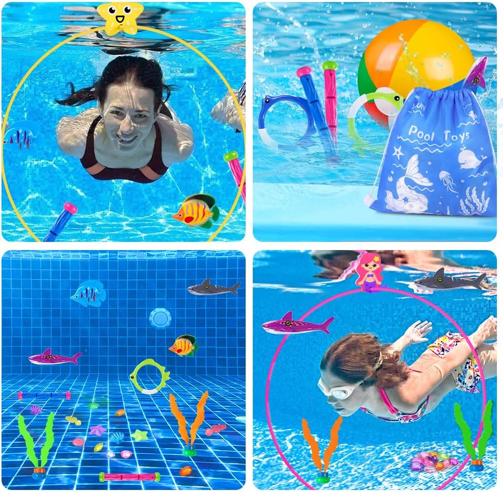 YUJUN Pool Diving Swimming Toys, Summer Underwater Game Toys with Pool Fishes Dive Sticks Rings Gems Storage Bag for Kids Swim Birthday Party Favors Quick Pick Grocers