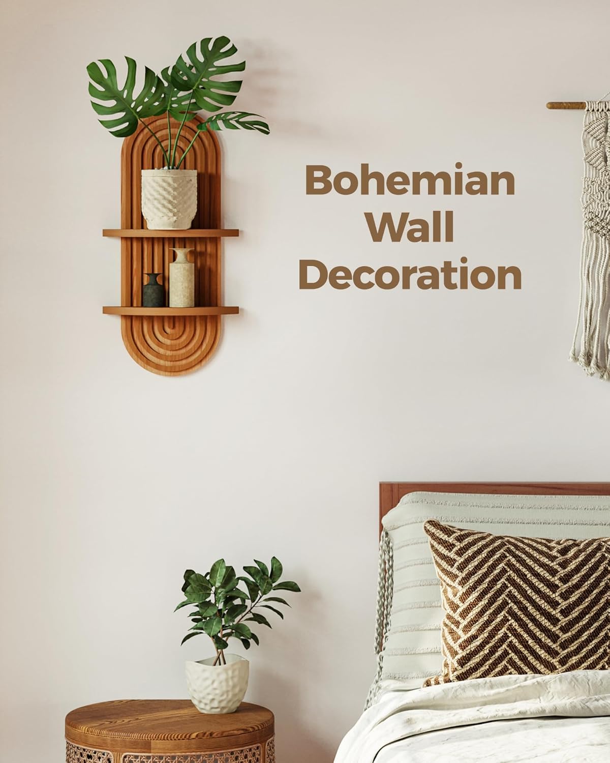 Bamworld Boho Wall Decor Plant Wall Shelf Mid Century Modern Decor Hanging Plant Shelf 2-Tier Wooden Floating Shelves for Home Bathroom Bedroom Living Room Office Holding Planter Decoration Quick Pick Grocers