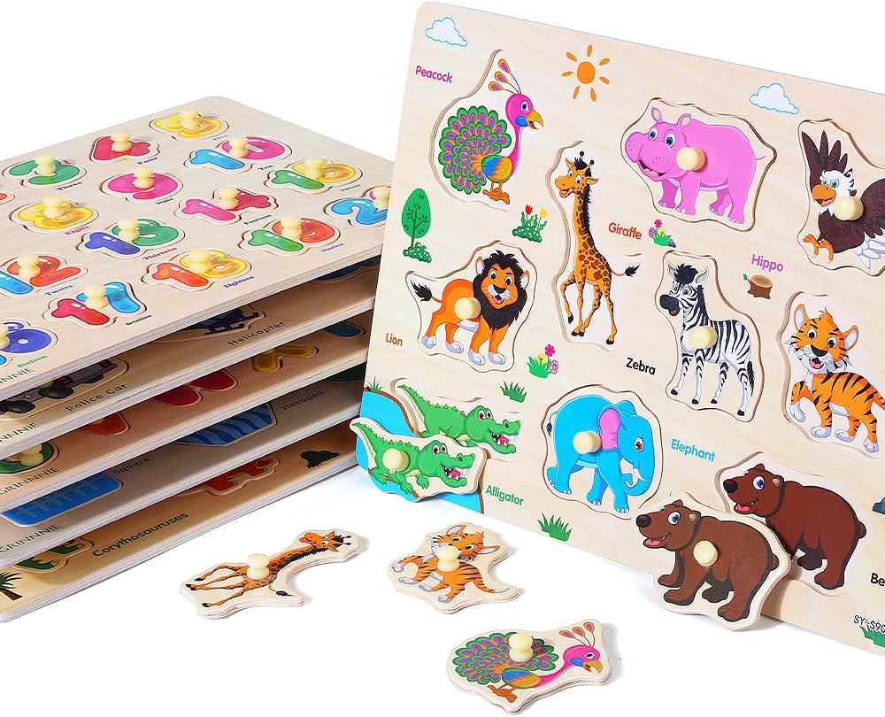 Wooden Peg Puzzle for Toddlers, 6 Pack Toddler Puzzles Set for 3 4 5 Years Old (Alphabet Number Shape Animal Dinosaur Vehicle), Preschool Education Learning Puzzle Toys for Girls and Boys Quick Pick Grocers