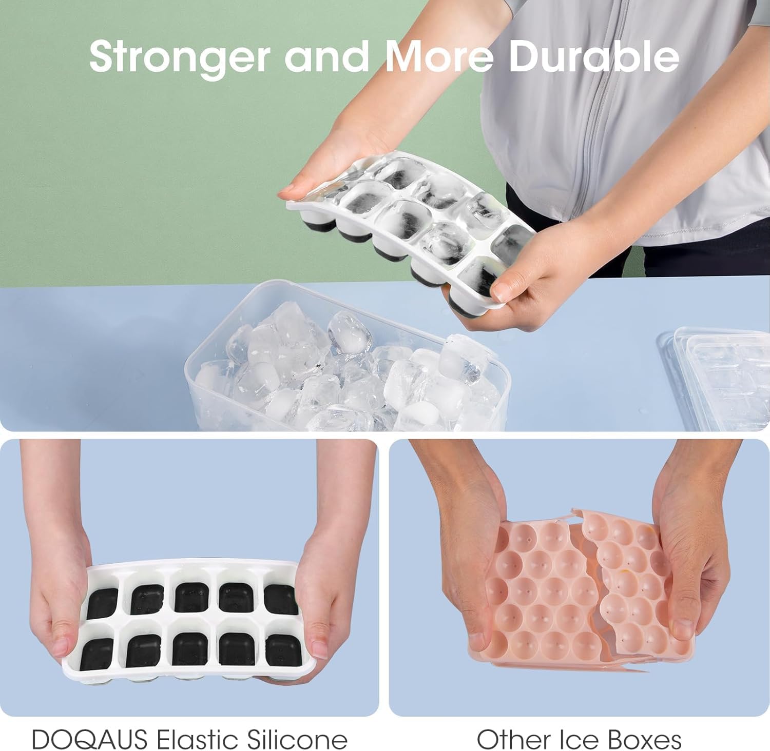 DOQAUS Ice Cube Tray with Lid and Bin - 4 Pack Silicone Ice Cube Trays for Freezer, Stackable Ice Bucket Kits with Storage Container & Scoop for Kitchen, RV, Cocktail, Coffee Quick Pick Grocers