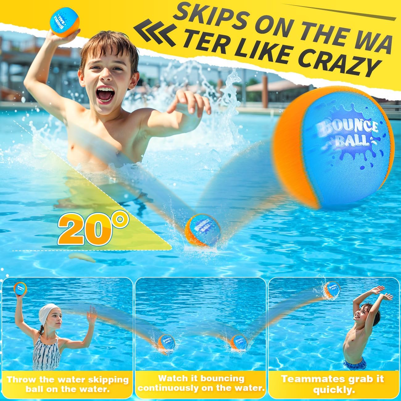 Bambilo Water Skipping Ball | 2-Pack Bounce Balls | Water Bouncing Beach Balls & Grip Ball | Pool Toys for Kids Age 5-8-12 | Great Summer Water Toy for Beach Swimming Pool River Lake Quick Pick Grocers