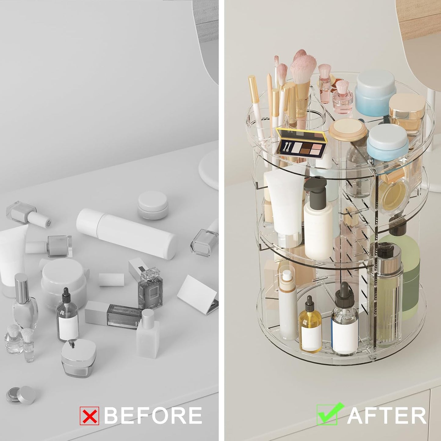 Rotating Makeup Organizer, DIY 8 Adjustable Layers Spinning Skincare Storage, Cosmetic Display Case with Brush Holder and Perfume Tray, Multi-Function Vanity Bathroom Countertop Organizer Clear Quick Pick Grocers