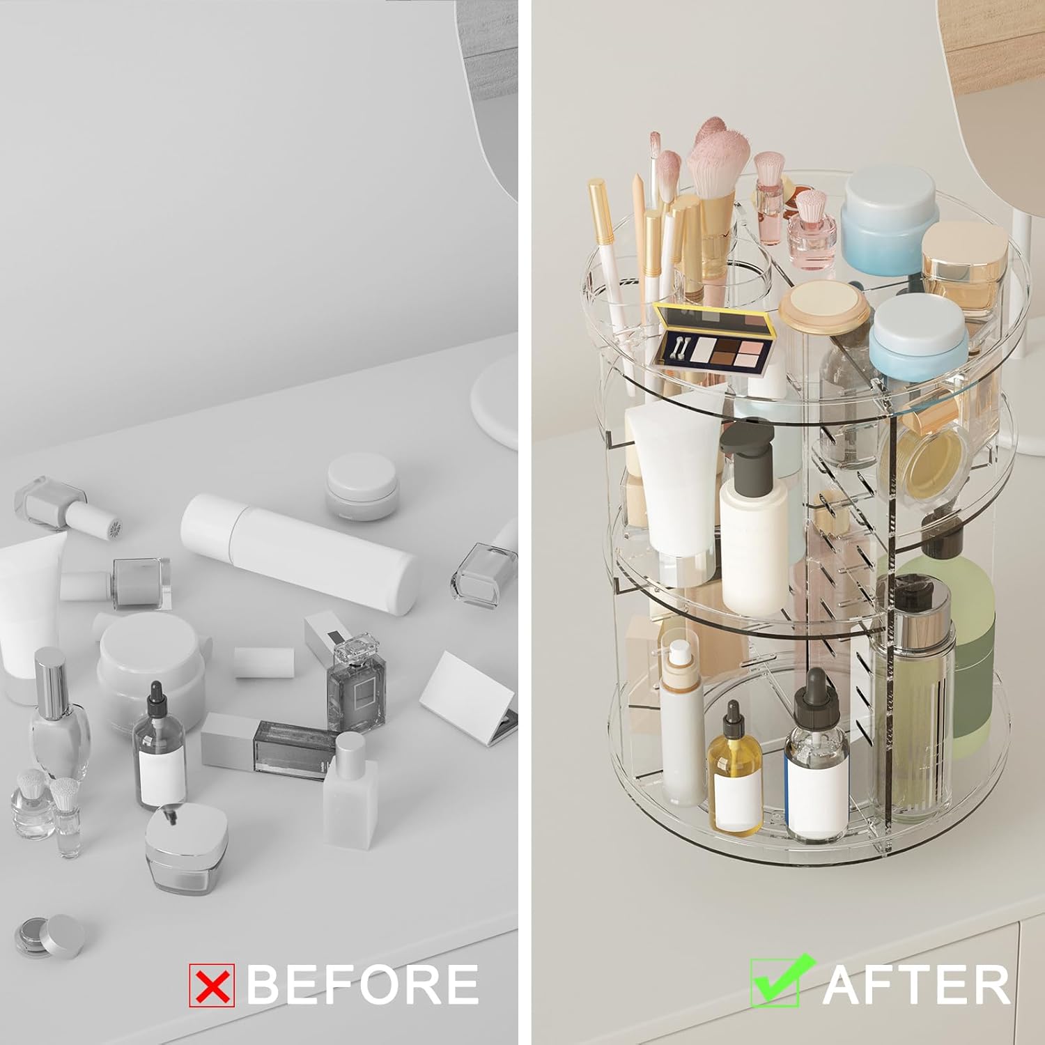 Rotating Makeup Organizer, DIY 8 Adjustable Layers Spinning Skincare Storage, Cosmetic Display Case with Brush Holder and Perfume Tray, Multi-Function Vanity Bathroom Countertop Organizer Clear Quick Pick Grocers