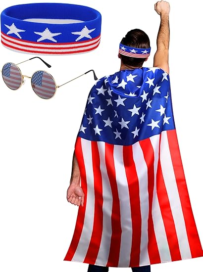 Frienda American Flag Costume Cape, 4th of July 250th Retro 80's USA Sunglasses and Flag Headband for 250th Anniversary Quick Pick Grocers
