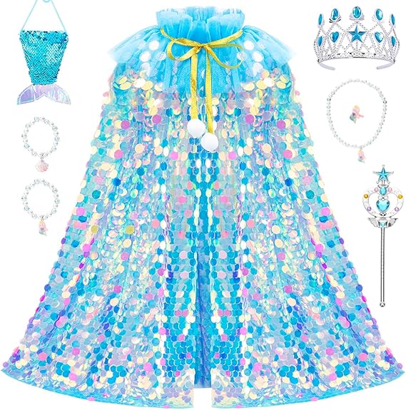 Meland Princess Dress Up for Girls 3-8, Mermaid Cape with Crown, Dress Up Clothes Birthday Gift Toys for Girls Toddlers Quick Pick Grocers