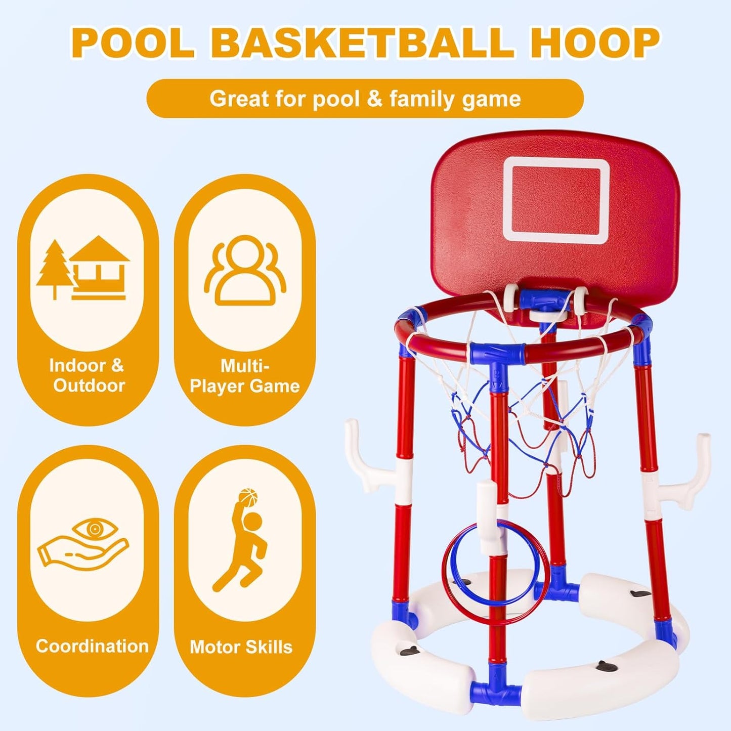 2-in-1 Poor Toy Basketball & Ring Toss Game with 4 Balls, 6 Rings&Pump, Summer Pool Toys Outdoor Water Fun Family Party for Age 3-12 Quick Pick Grocers