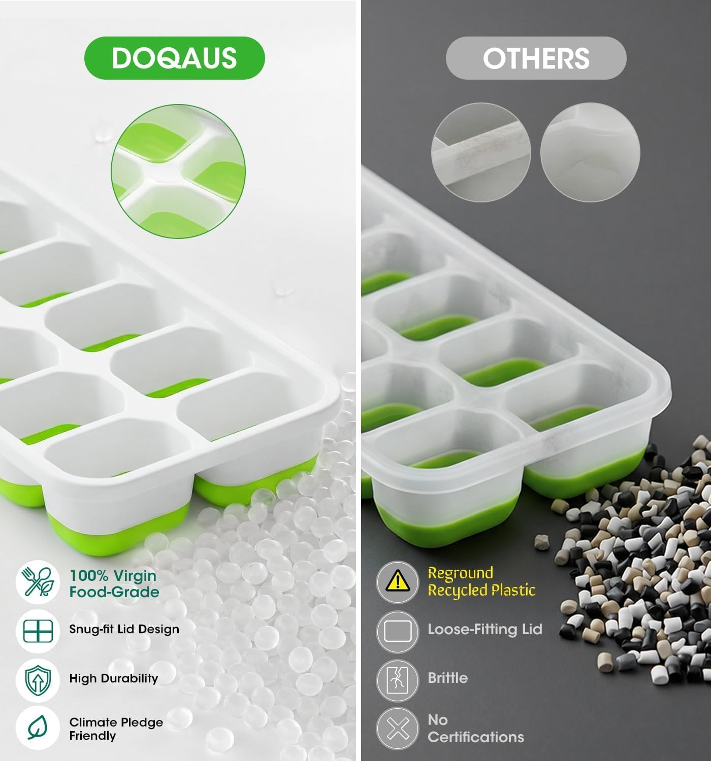 DOQAUS Ice Cube Tray with Lid and Bin - 4 Pack Silicone Ice Cube Trays for Freezer, Stackable Ice Bucket Kits with Storage Container & Scoop for Kitchen, RV, Cocktail, Coffee Quick Pick Grocers