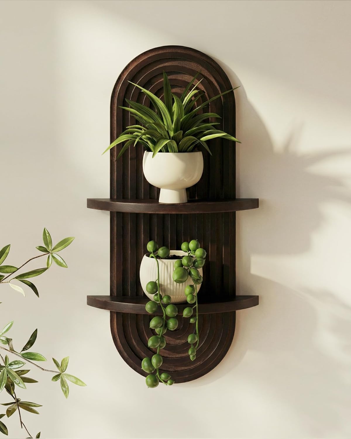 Bamworld Boho Wall Decor Plant Wall Shelf Mid Century Modern Decor Hanging Plant Shelf 2-Tier Wooden Floating Shelves for Home Bathroom Bedroom Living Room Office Holding Planter Decoration Quick Pick Grocers