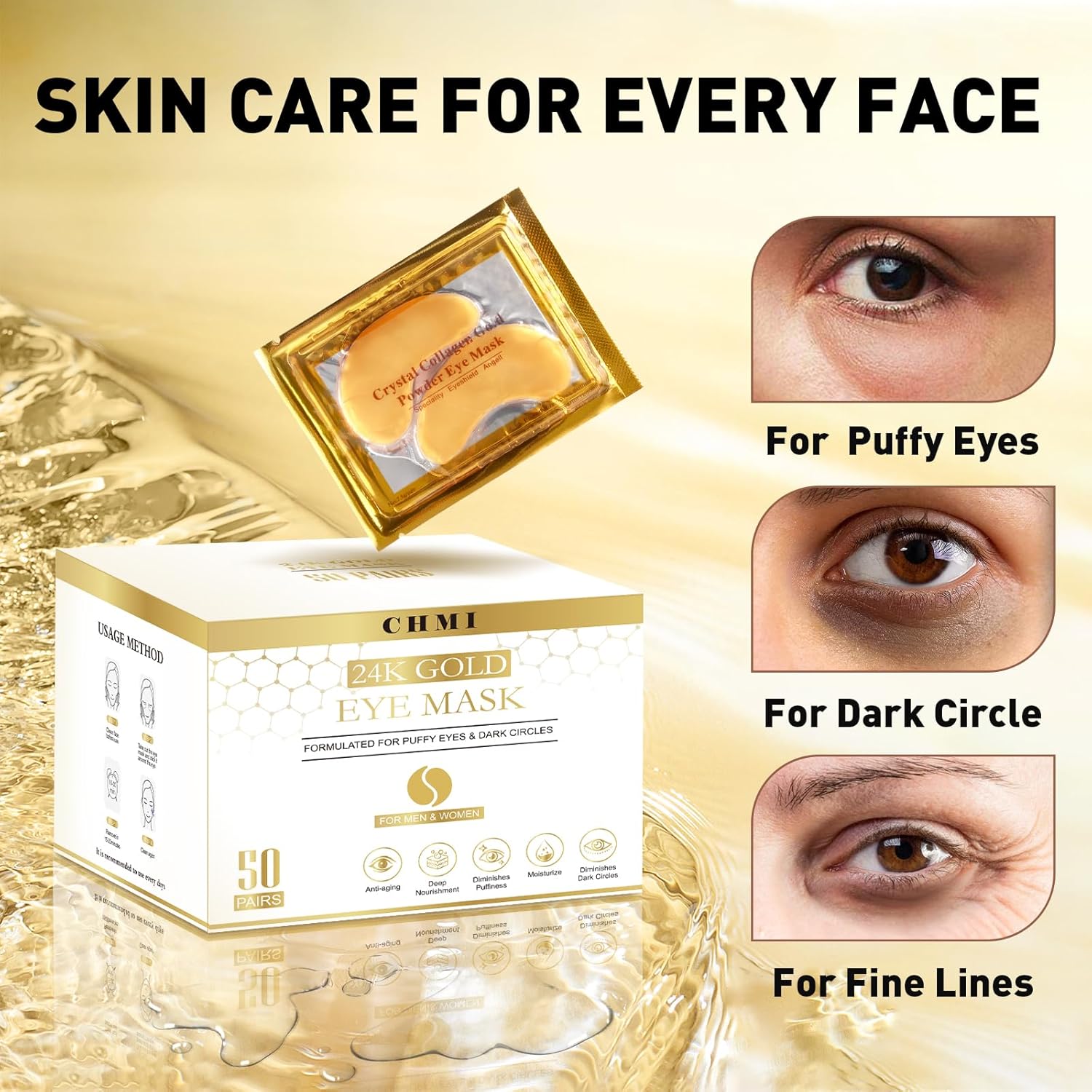 CHMI Under Eye Patches (50 Pairs) - 24K Gold Eye Patches for Puffy Eyes, Dark Circles, EyeBags and Wrinkles, Collagen Skin Care Products, Beauty & Personal Care Quick Pick Grocers