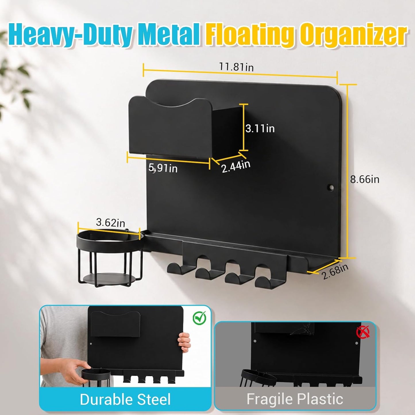 Metal Bedside Wall Shelf, No Drill Floating Bedside Shelf Wall Organizer | Bedside Wall Shelf with Detachable Cup Holder for Bedroom, Dorm, Nightstand Alternative, Bunk Bed Accessories & RV Storage Quick Pick Grocers