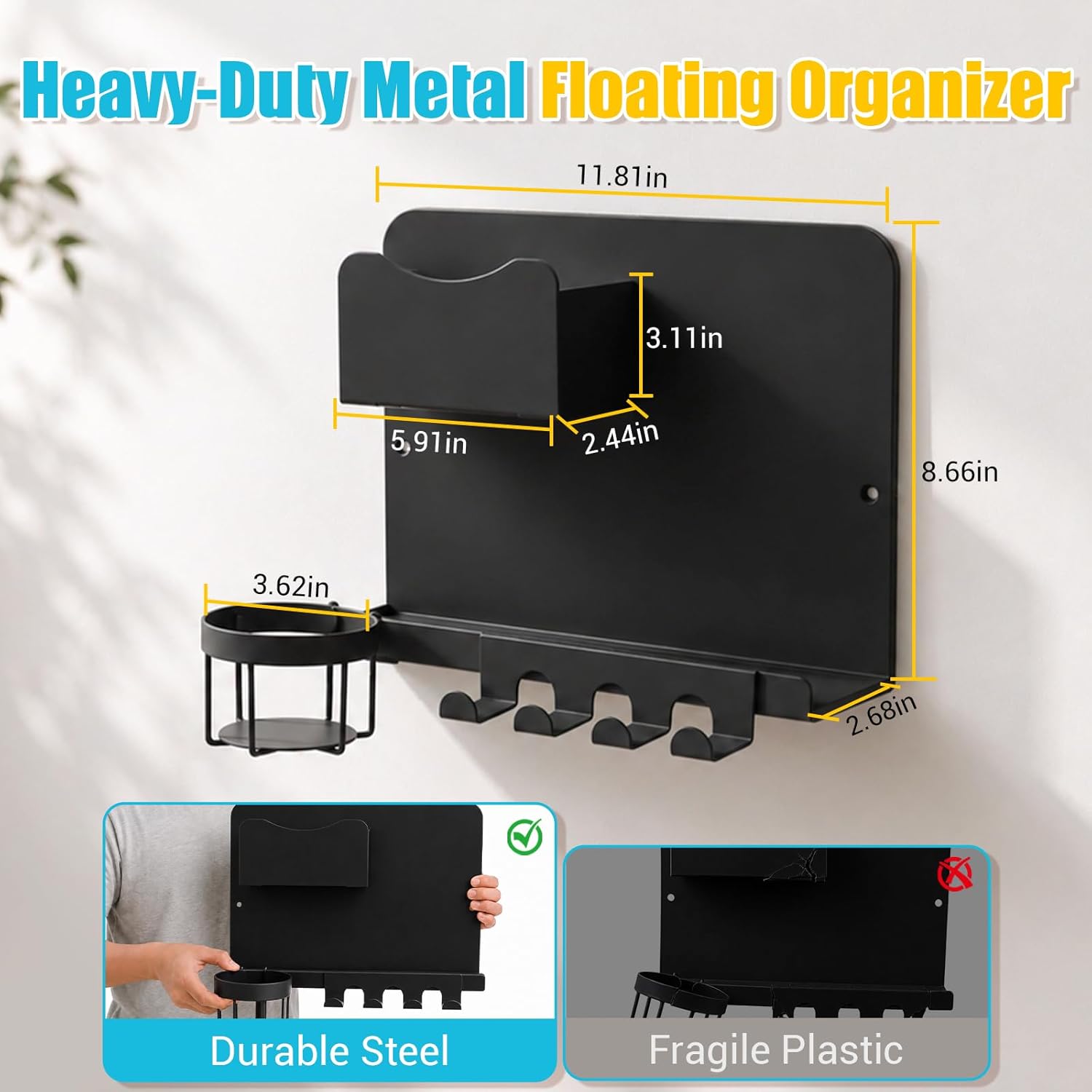 Metal Bedside Wall Shelf, No Drill Floating Bedside Shelf Wall Organizer | Bedside Wall Shelf with Detachable Cup Holder for Bedroom, Dorm, Nightstand Alternative, Bunk Bed Accessories & RV Storage Quick Pick Grocers