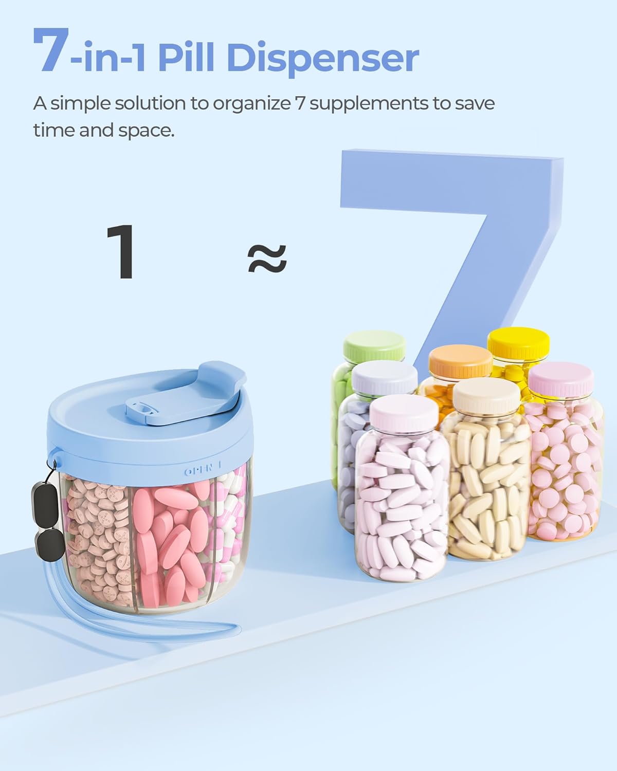 AMOOS Cute Pill Dispenser with 7 Large Compartments, Portable Pill Bottle Organizer with Wide Opening for Easy Use, Anti-Mix Pill Organizer for Travel, BPA-Free Pill Container Quick Pick Grocers