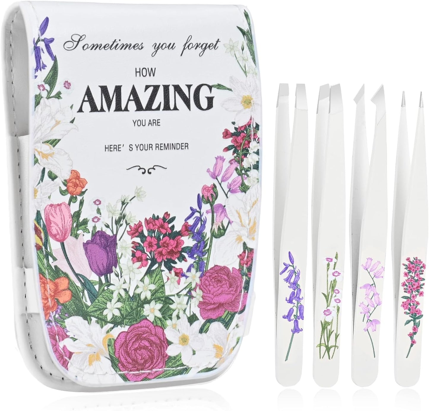 Personalized Tweezers Set for Women Facial Hair in Floral Travel Case, Small Self Care Inspirational Easter Gifts for Her Friend, Eyebrow Ingrown Hair Splinter Removal Grooming Kit Quick Pick Grocers