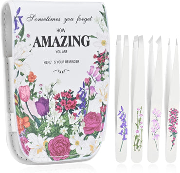 Personalized Tweezers Set for Women Facial Hair in Floral Travel Case, Small Self Care Inspirational Easter Gifts for Her Friend, Eyebrow Ingrown Hair Splinter Removal Grooming Kit Quick Pick Grocers