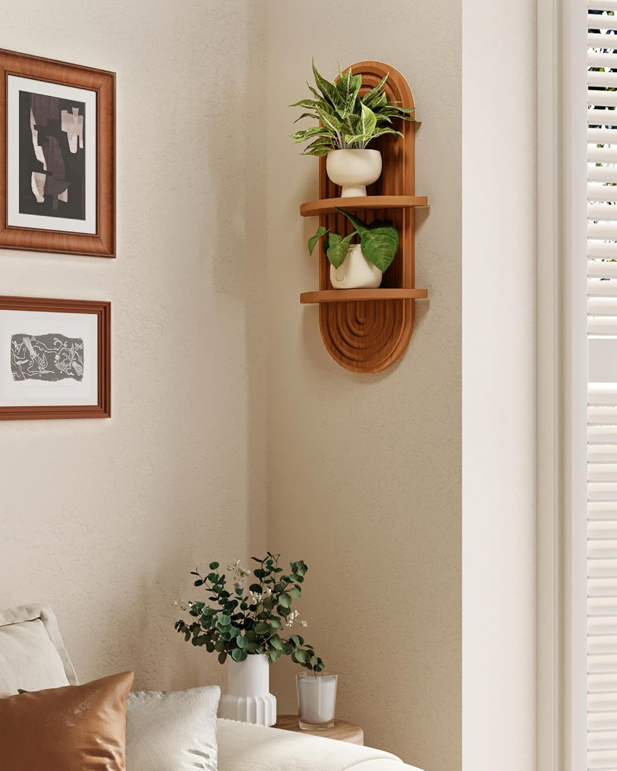 Bamworld Boho Wall Decor Plant Wall Shelf Mid Century Modern Decor Hanging Plant Shelf 2-Tier Wooden Floating Shelves for Home Bathroom Bedroom Living Room Office Holding Planter Decoration Quick Pick Grocers