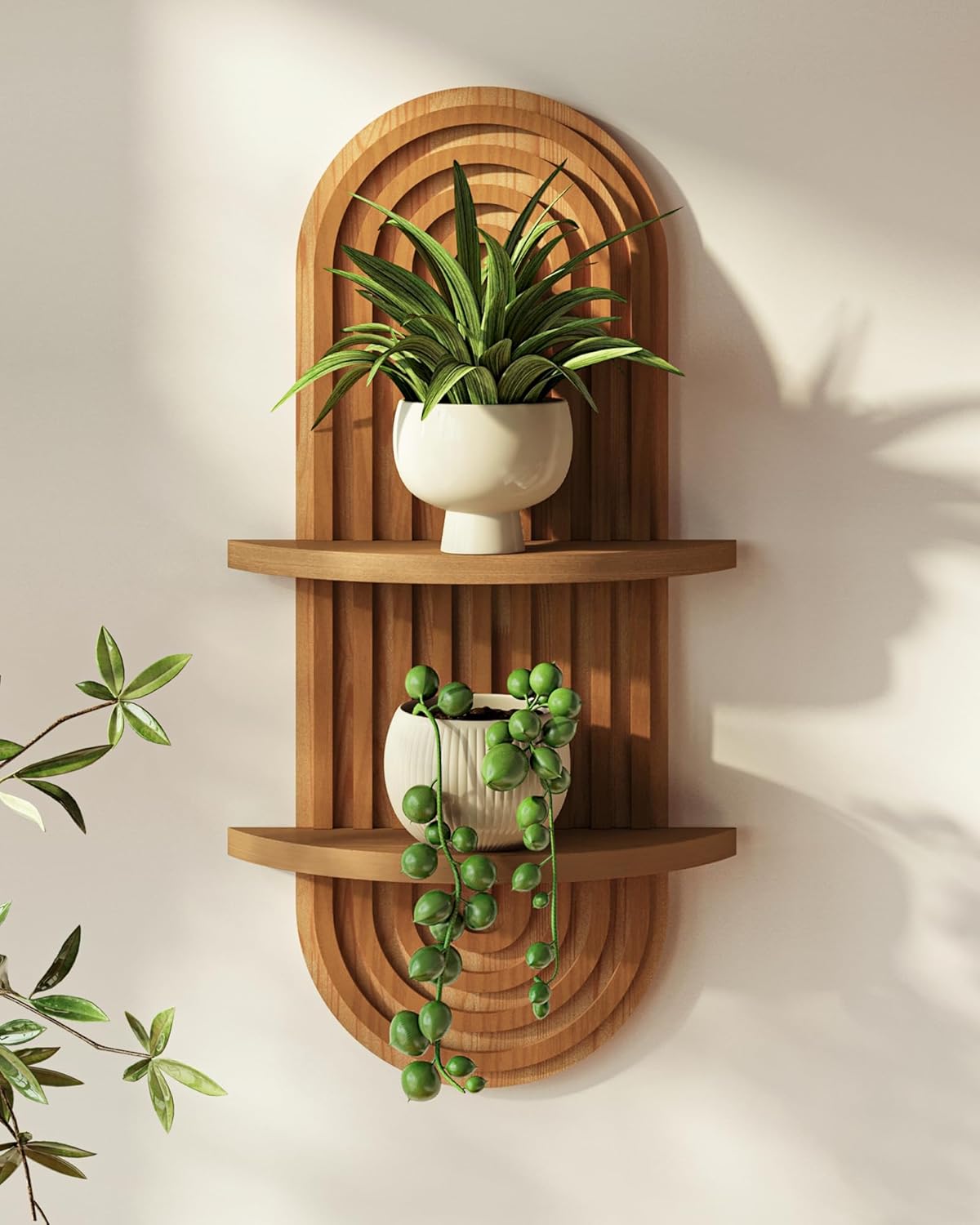 Bamworld Boho Wall Decor Plant Wall Shelf Mid Century Modern Decor Hanging Plant Shelf 2-Tier Wooden Floating Shelves for Home Bathroom Bedroom Living Room Office Holding Planter Decoration Quick Pick Grocers