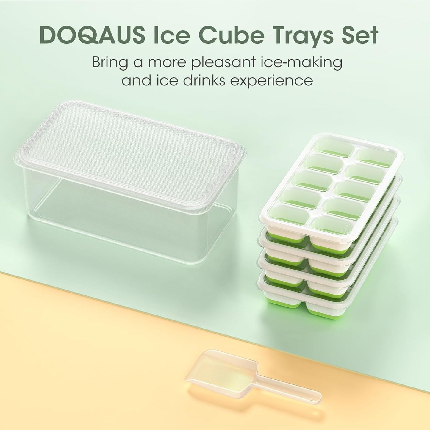 DOQAUS Ice Cube Tray with Lid and Bin - 4 Pack Silicone Ice Cube Trays for Freezer, Stackable Ice Bucket Kits with Storage Container & Scoop for Kitchen, RV, Cocktail, Coffee Quick Pick Grocers