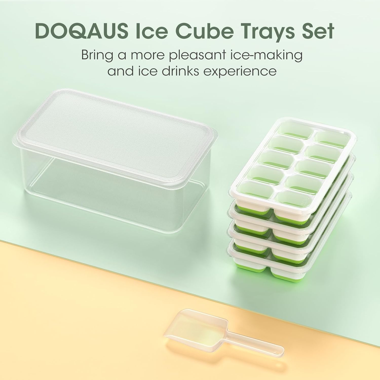 DOQAUS Ice Cube Tray with Lid and Bin - 4 Pack Silicone Ice Cube Trays for Freezer, Stackable Ice Bucket Kits with Storage Container & Scoop for Kitchen, RV, Cocktail, Coffee Quick Pick Grocers