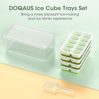 DOQAUS Ice Cube Tray with Lid and Bin - 4 Pack Silicone Ice Cube Trays for Freezer, Stackable Ice Bucket Kits with Storage Container & Scoop for Kitchen, RV, Cocktail, Coffee Quick Pick Grocers