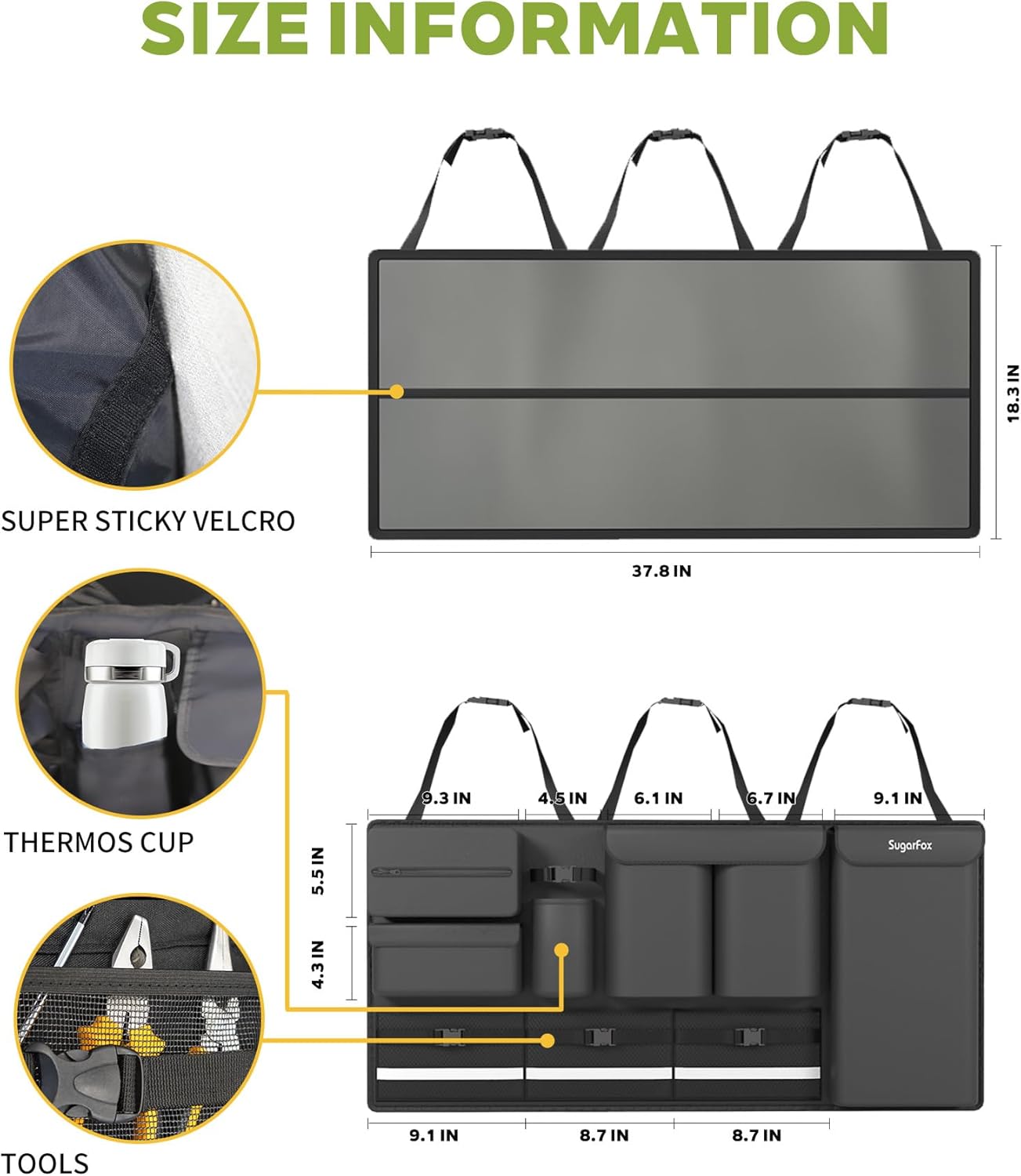 SugarFox Backseat Hanging Trunk Organizer for SUVs, Cars, Trucks & MPVs | Multi-Pocket Storage with Anti-Slip Straps | Space-Saving Auto Accessory | Gift for Drivers | 37.8" x 18.1" Quick Pick Grocers