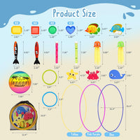 DAUXONE Diving Toys, 27 Pcs Pool Toys with Swim Thru Rings for Kids Age 3-12, Dive Sticks, Rings, Gem, Octopus, Torpedo, Mesh Bag Include Quick Pick Grocers