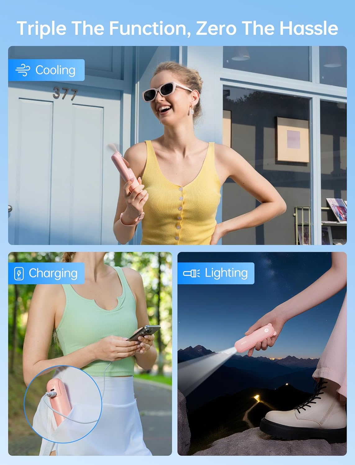 JISULIFE 3 IN 1 Handheld Mini Fan - Portable Fan & Power Bank & Flashlight, 19H Max Cooling, USB Rechargeable, Pocket-Sized for Travel, Cruise, Concerts, Makeup, 2026 Summer Gifts for Women Quick Pick Grocers