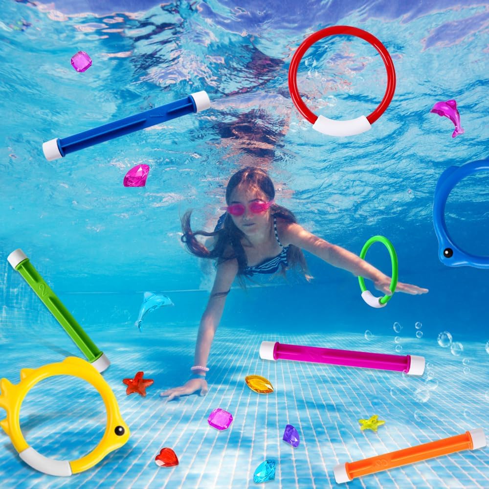 YUJUN Pool Diving Swimming Toys, Summer Underwater Game Toys with Pool Fishes Dive Sticks Rings Gems Storage Bag for Kids Swim Birthday Party Favors Quick Pick Grocers
