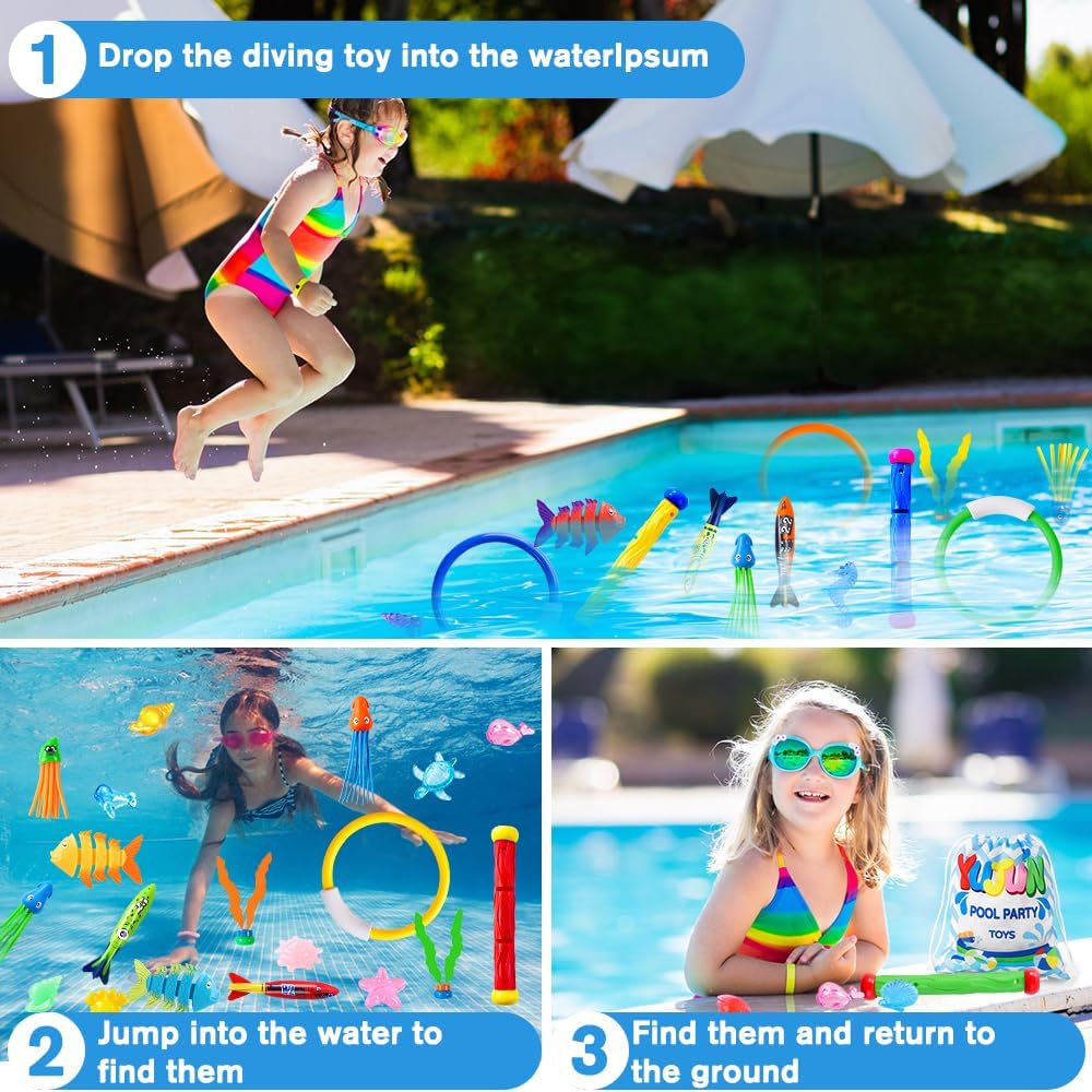 YUJUN Pool Diving Swimming Toys, Summer Underwater Game Toys with Pool Fishes Dive Sticks Rings Gems Storage Bag for Kids Swim Birthday Party Favors Quick Pick Grocers